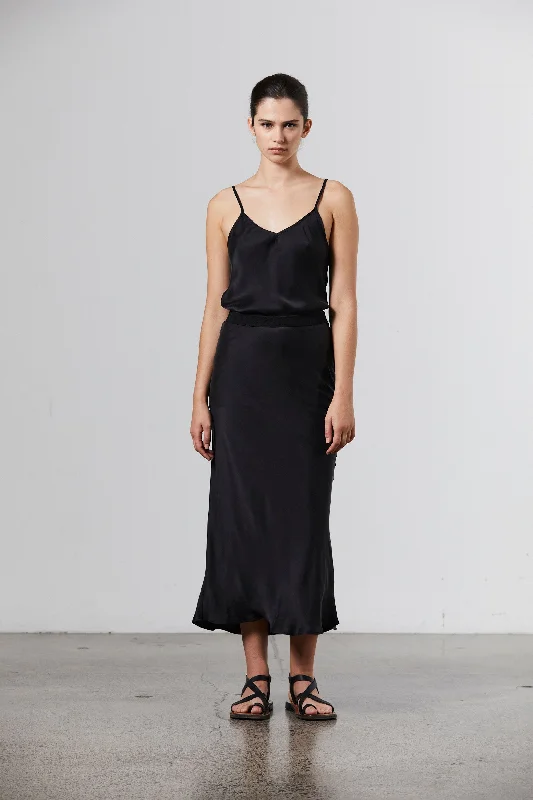 Silk Midi Slip Skirt - Black silk skirt lustrous