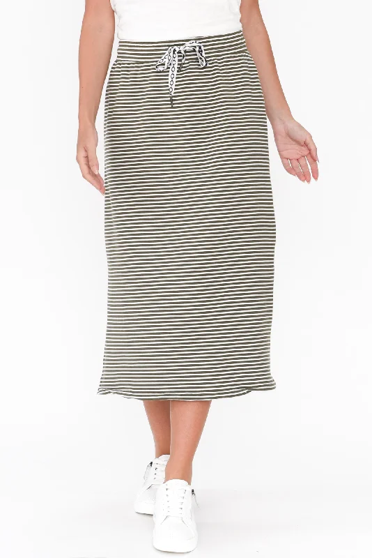 Travel Khaki Stripe Cotton Maxi Skirt a-line skirt cut