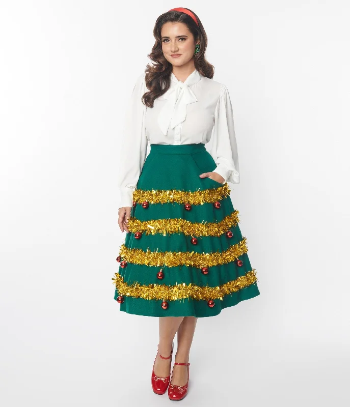 Unique Vintage Green & Gold Tinsel & Ornament Soda Shop Swing Skirt pleated skirt texture