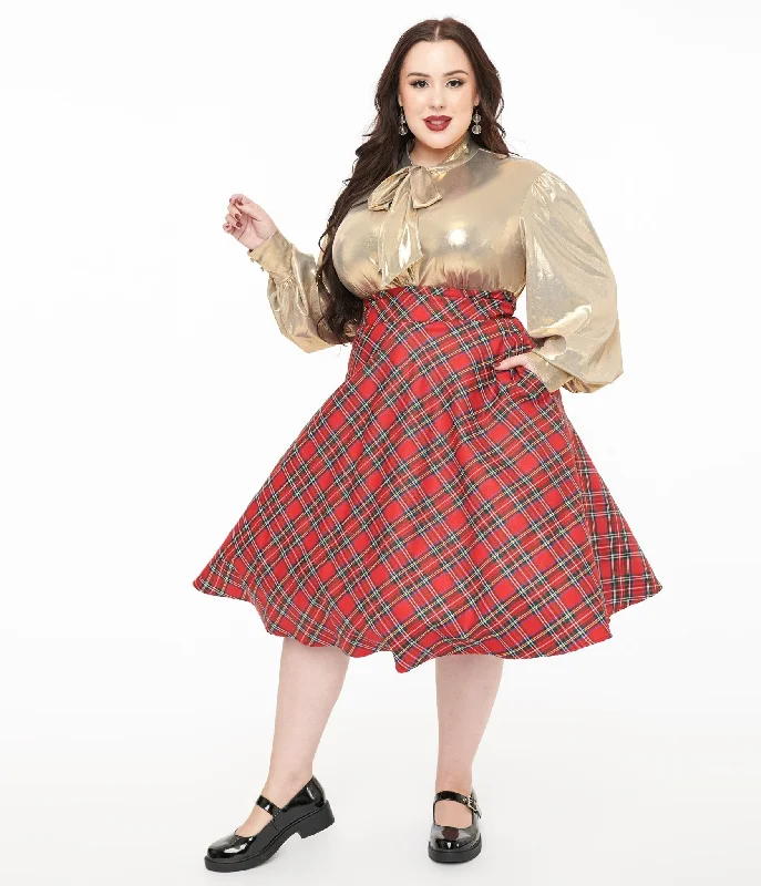 Unique Vintage Plus Size 1950s Red Plaid High Waist Vivien Swing Skirt summer skirt style