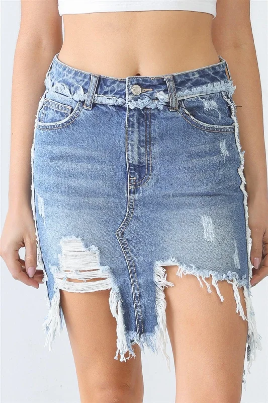 Denim Five Pocket Trim Torn Hem High Waist Mini Skirt patchwork skirt art